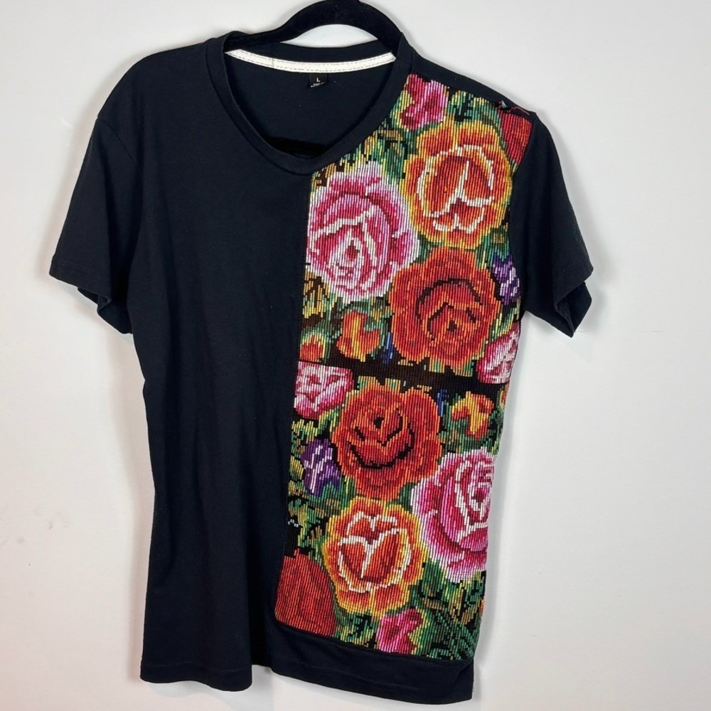 Womens Black Floral Embroidered Handmade Tee size M/L one of a kind unique boho